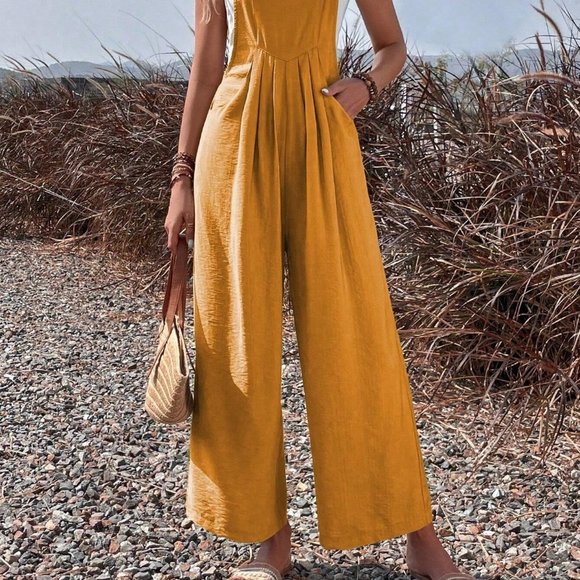 Yellow Boho Womens Solid Pocket Overall Jumpsuit - Picture 4 of 5
